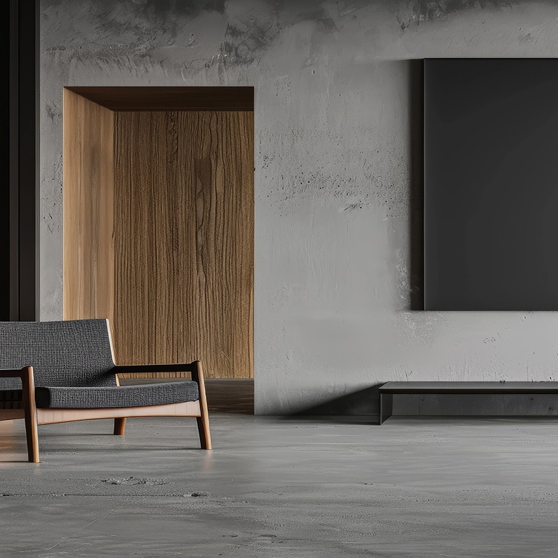 Intérieur moderne avec murs texturés gris, mobilier minimaliste, fauteuil en bois foncé, et niche boisée.