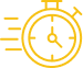 Icône stylisée jaune représentant un chronomètre rapide avec des lignes de vitesse horizontales, symbolisant l'urgence ou la rapidité d'exécution.